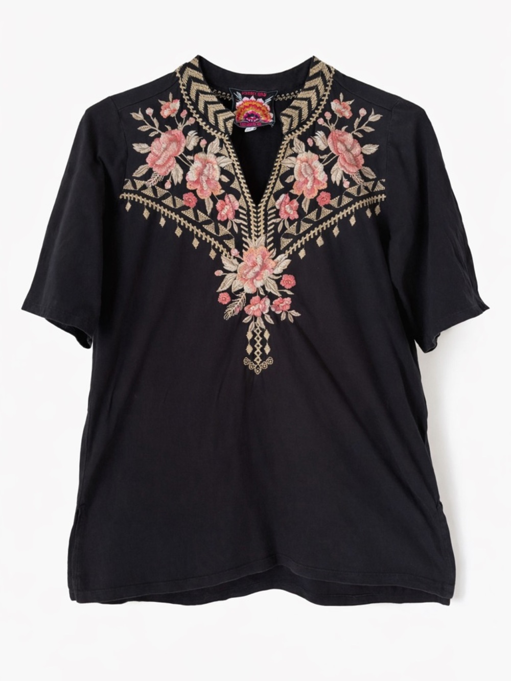 Johnny Was Pink Embroidered Floral Cotton Tunic Top Size Small